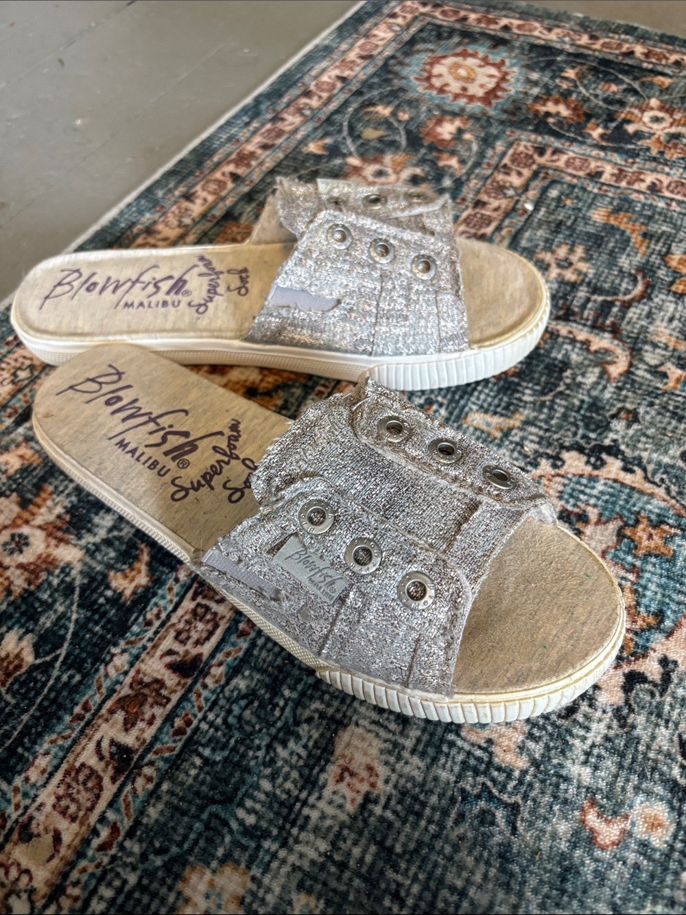 Blowfish Silver Glitter Slide Sandals with Grommet Detail